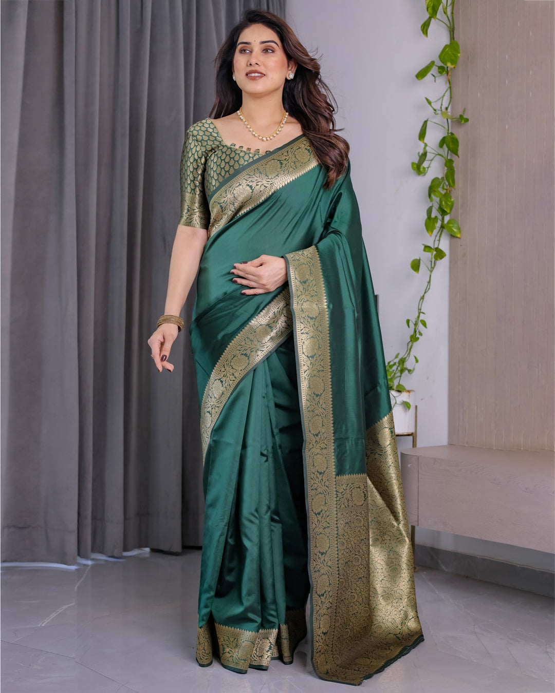 Green Banarasi Soft Silk Saree with Golden Jacquard Border for Women