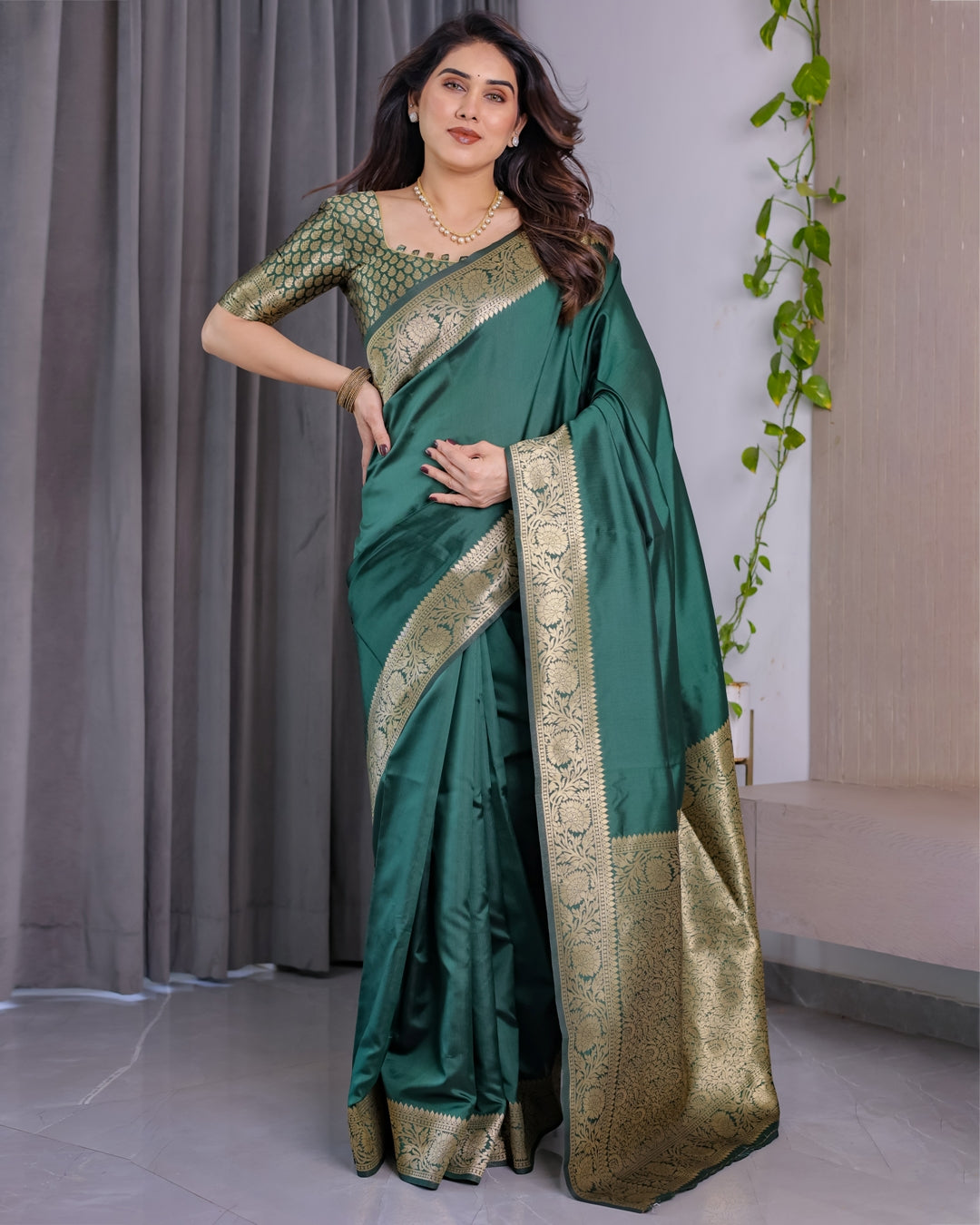 Green Banarasi Soft Silk Saree with Golden Jacquard Border for Women