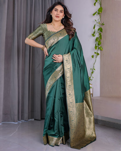 Green Banarasi Soft Silk Saree with Golden Jacquard Border for Women