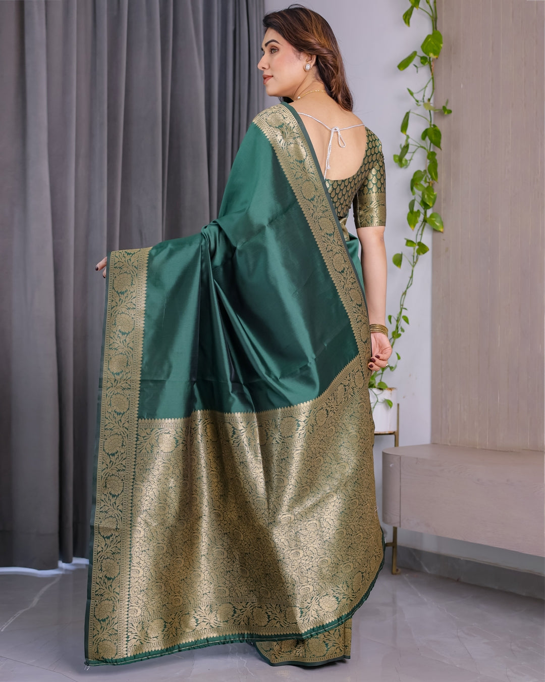 Green Banarasi Soft Silk Saree with Golden Jacquard Border for Women