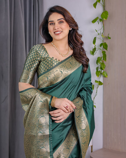 Green Banarasi Soft Silk Saree with Golden Jacquard Border for Women