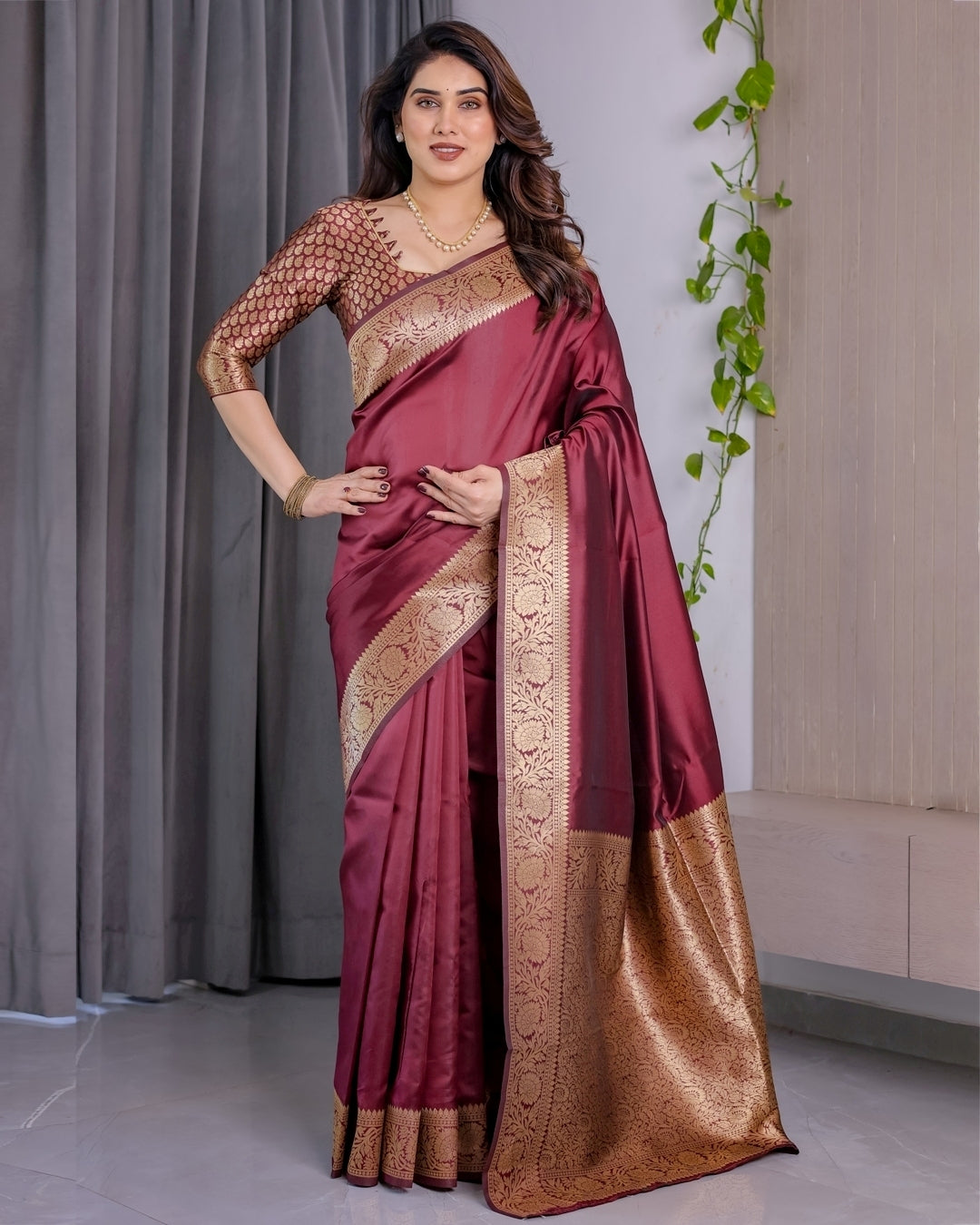 Wine Banarasi Soft Silk Saree With Golden Zari Border for Women