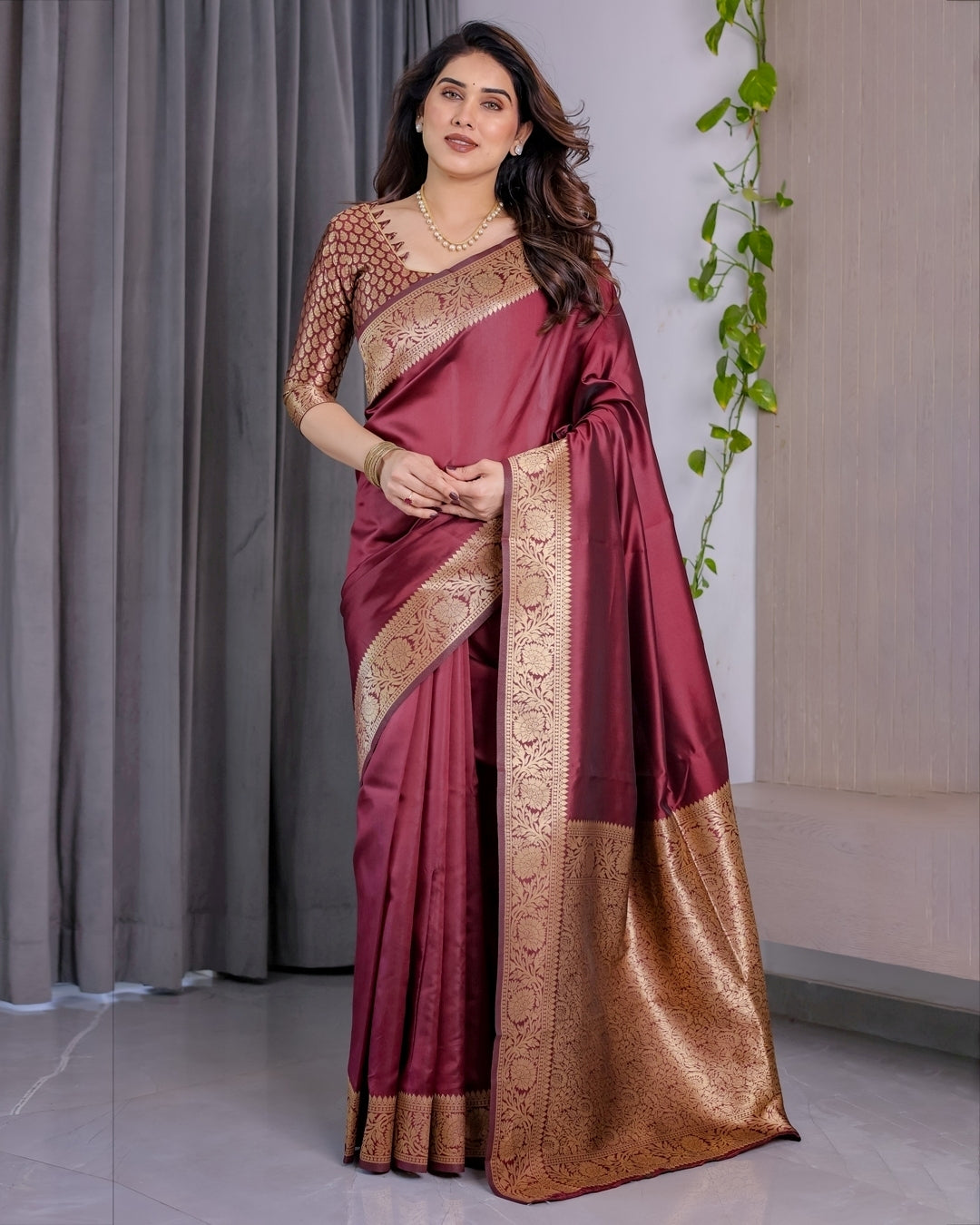 Wine Banarasi Soft Silk Saree With Golden Zari Border for Women