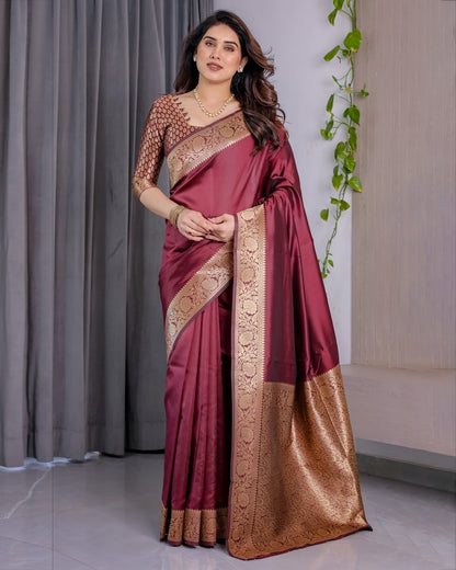 Wine Banarasi Soft Silk Saree With Golden Zari Border for Women