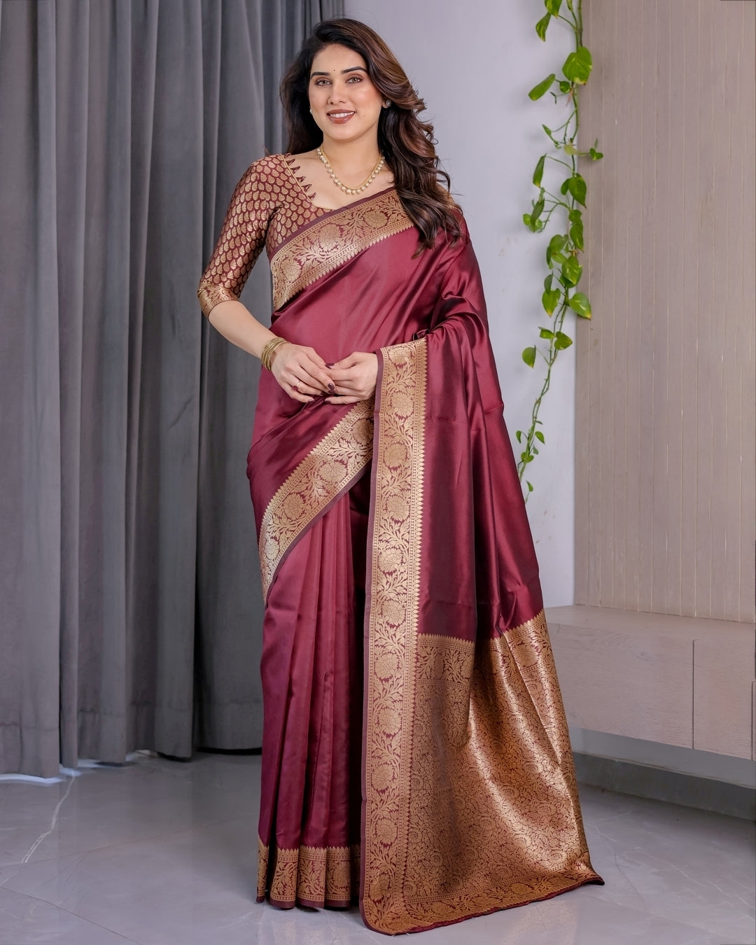 Wine Banarasi Soft Silk Saree With Golden Zari Border for Women