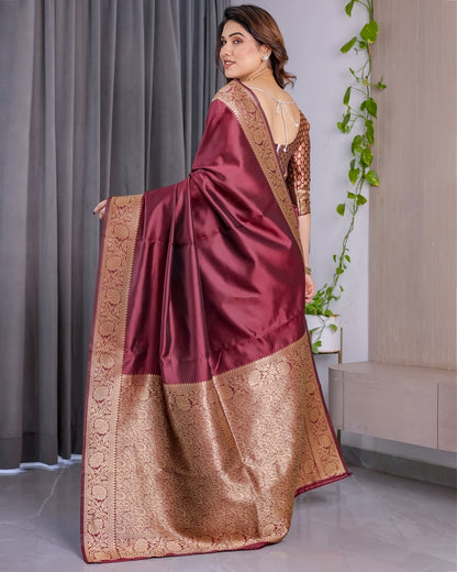 Wine Banarasi Soft Silk Saree With Golden Zari Border for Women