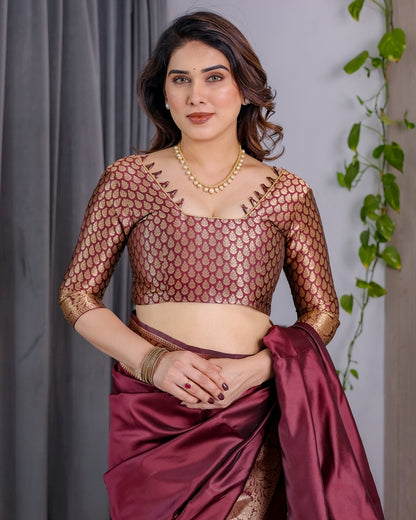 Wine Banarasi Soft Silk Saree With Golden Zari Border for Women
