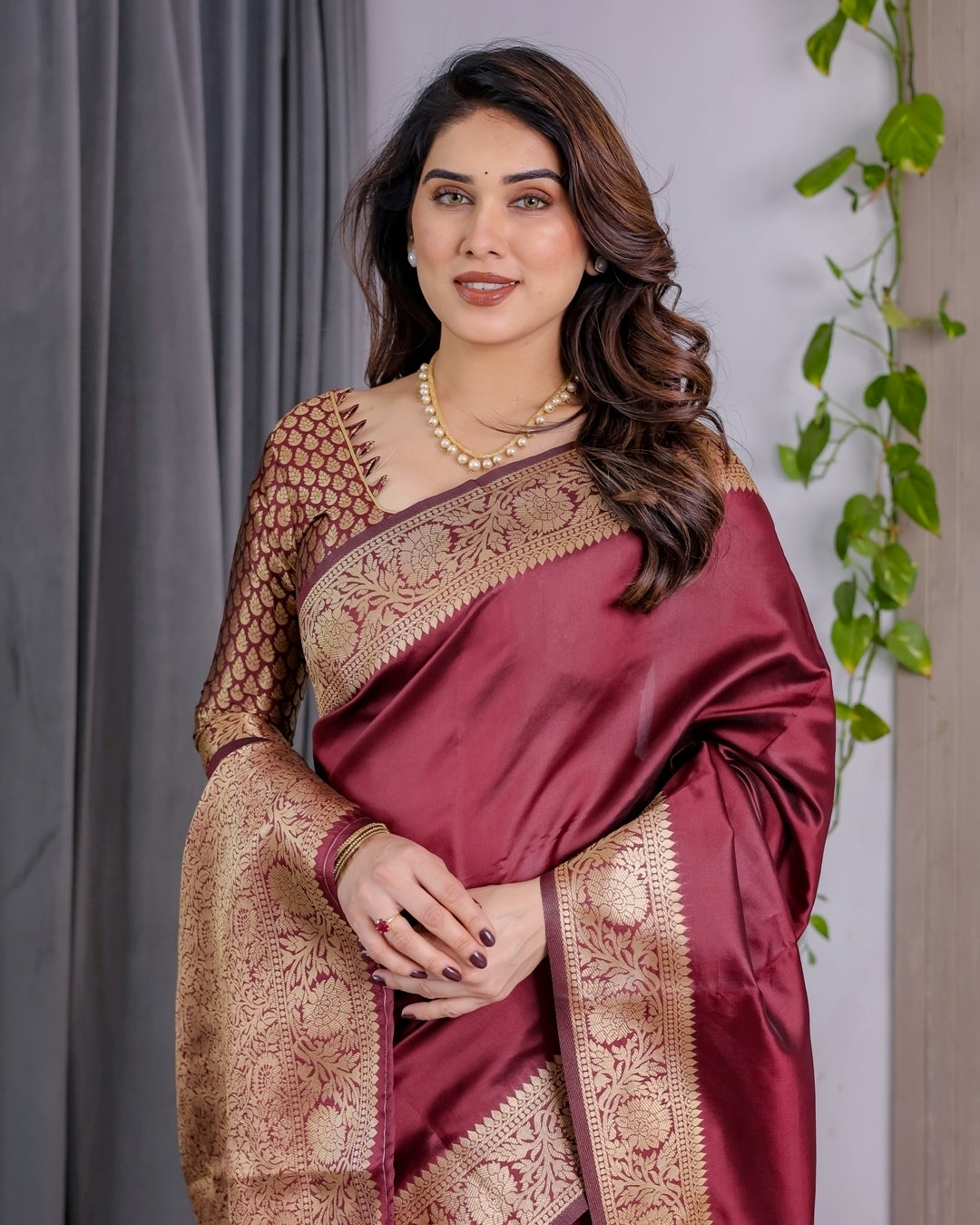 Wine Banarasi Soft Silk Saree With Golden Zari Border for Women