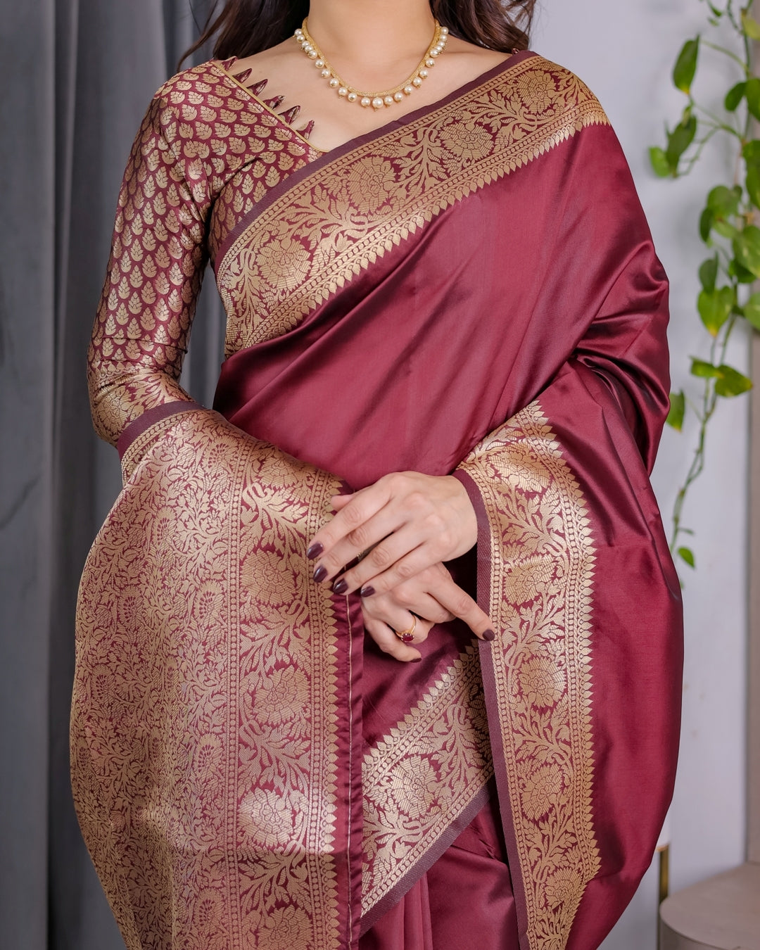 Wine Banarasi Soft Silk Saree With Golden Zari Border for Women