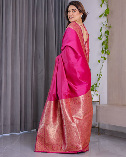 Rani Pink Banarasi Soft Silk Saree With Golden Zari Borders 2