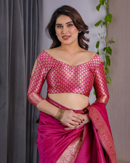 Rani Pink Banarasi Soft Silk Saree With Golden Zari Borders 2