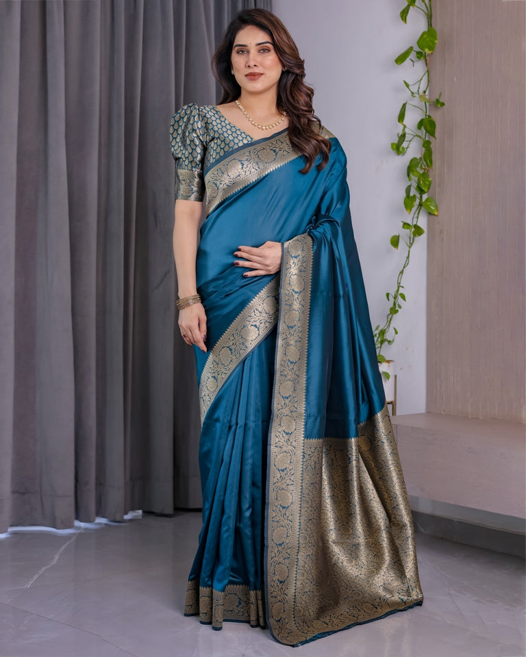 Teal Blue Banarasi Soft Silk Saree With Golden Zari Border for Women