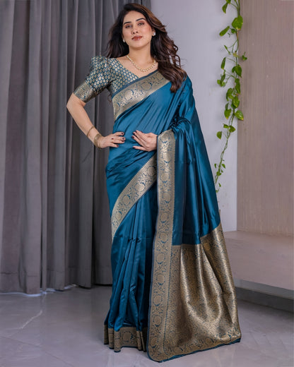 Teal Blue Banarasi Soft Silk Saree With Golden Zari Border for Women