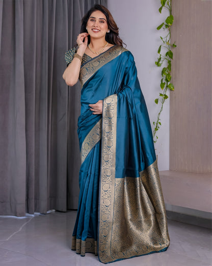Teal Blue Banarasi Soft Silk Saree With Golden Zari Border for Women