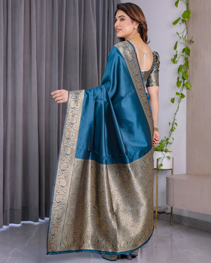 Teal Blue Banarasi Soft Silk Saree With Golden Zari Border for Women