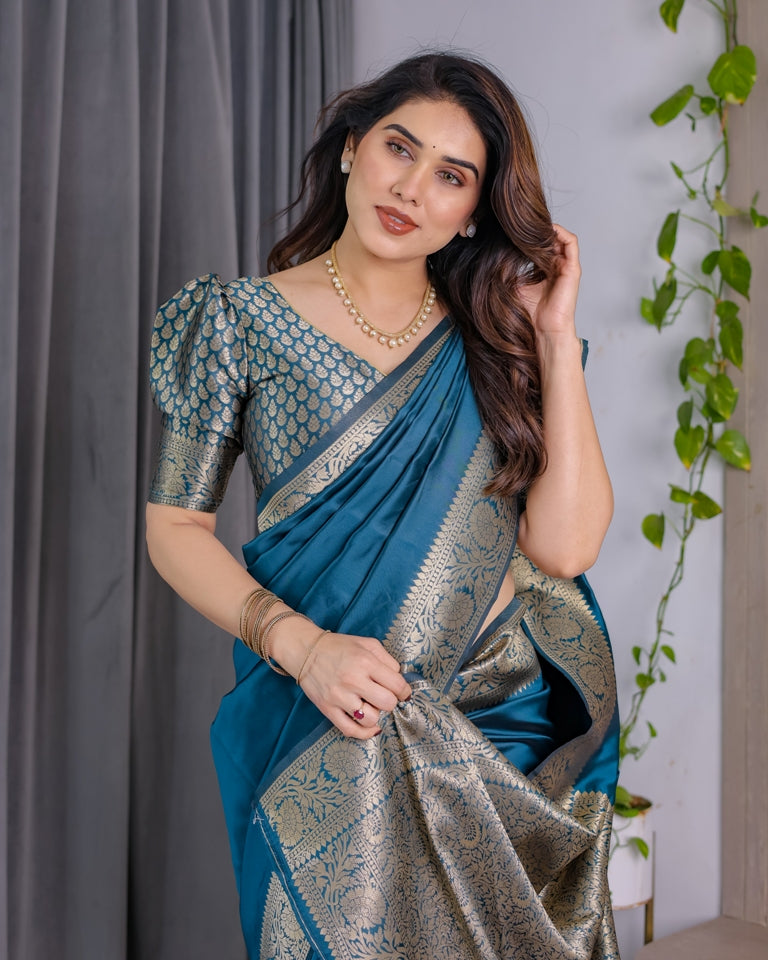 Teal Blue Banarasi Soft Silk Saree With Golden Zari Border for Women