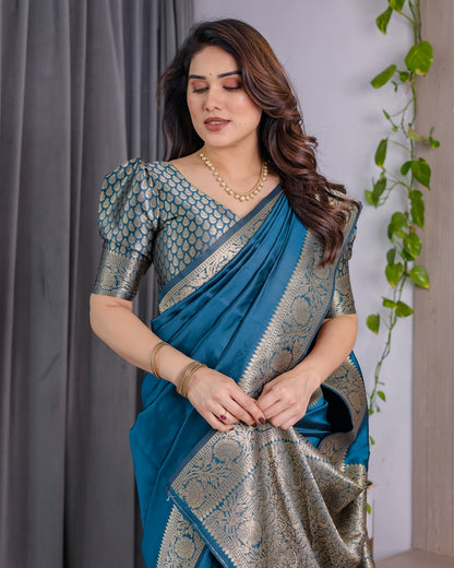 Teal Blue Banarasi Soft Silk Saree With Golden Zari Border for Women