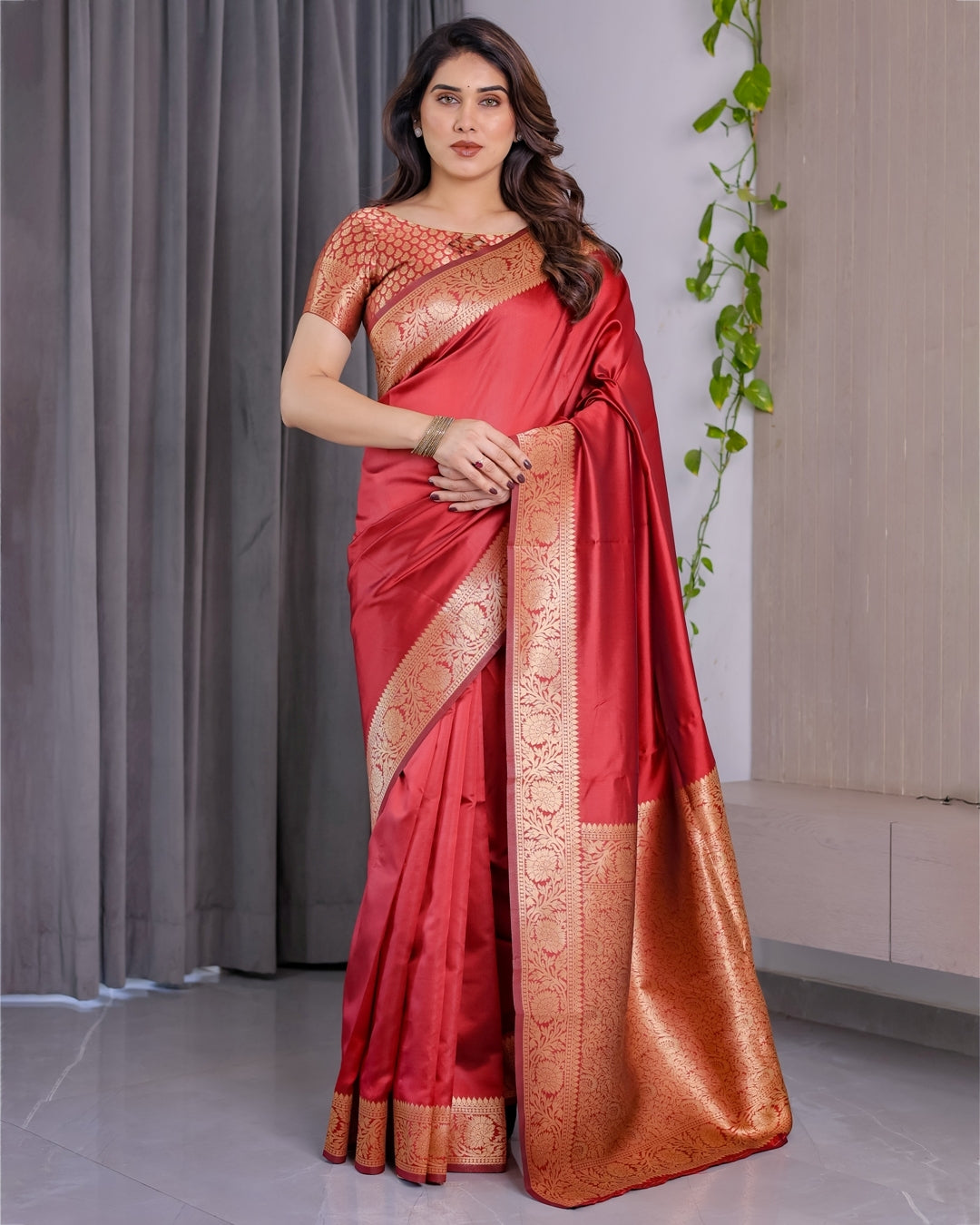 Red Banarasi Silk Saree With Rich Golden Zari Floral Border for Women