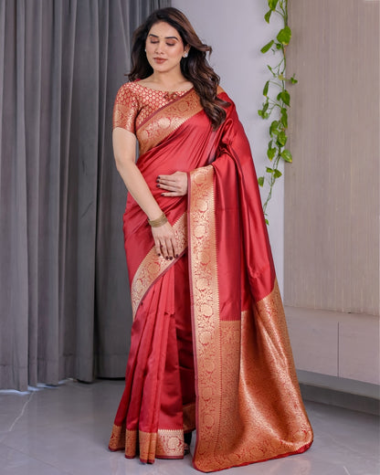 Red Banarasi Silk Saree With Rich Golden Zari Floral Border for Women