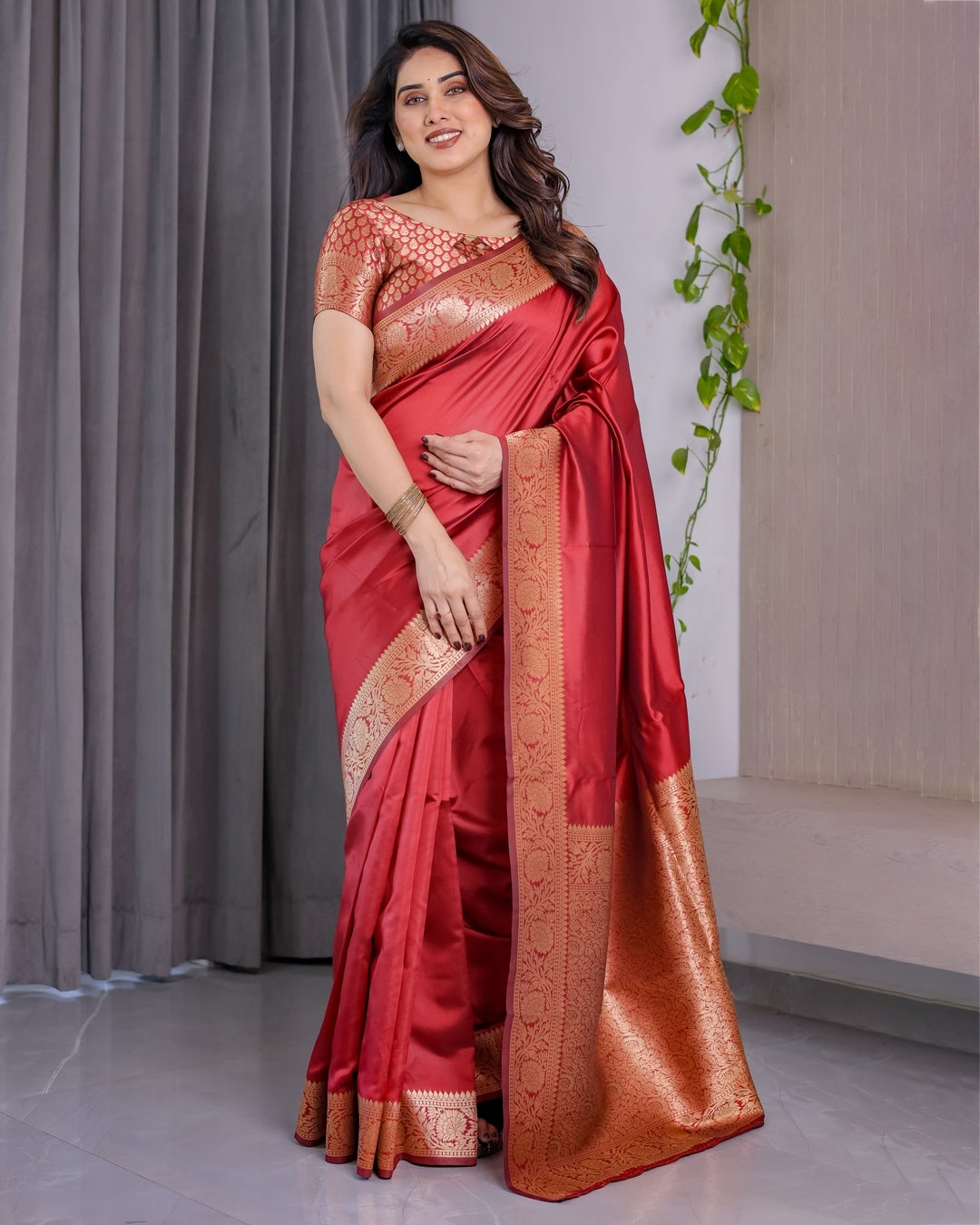 Red Banarasi Silk Saree With Rich Golden Zari Floral Border for Women