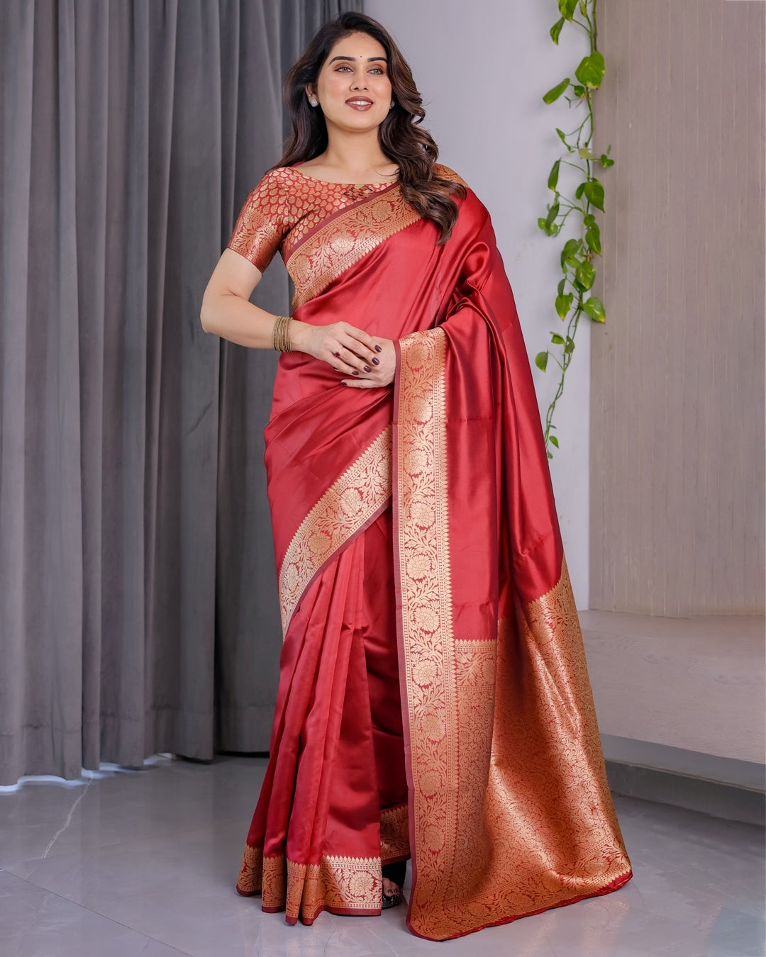 Red Banarasi Silk Saree With Rich Golden Zari Floral Border for Women