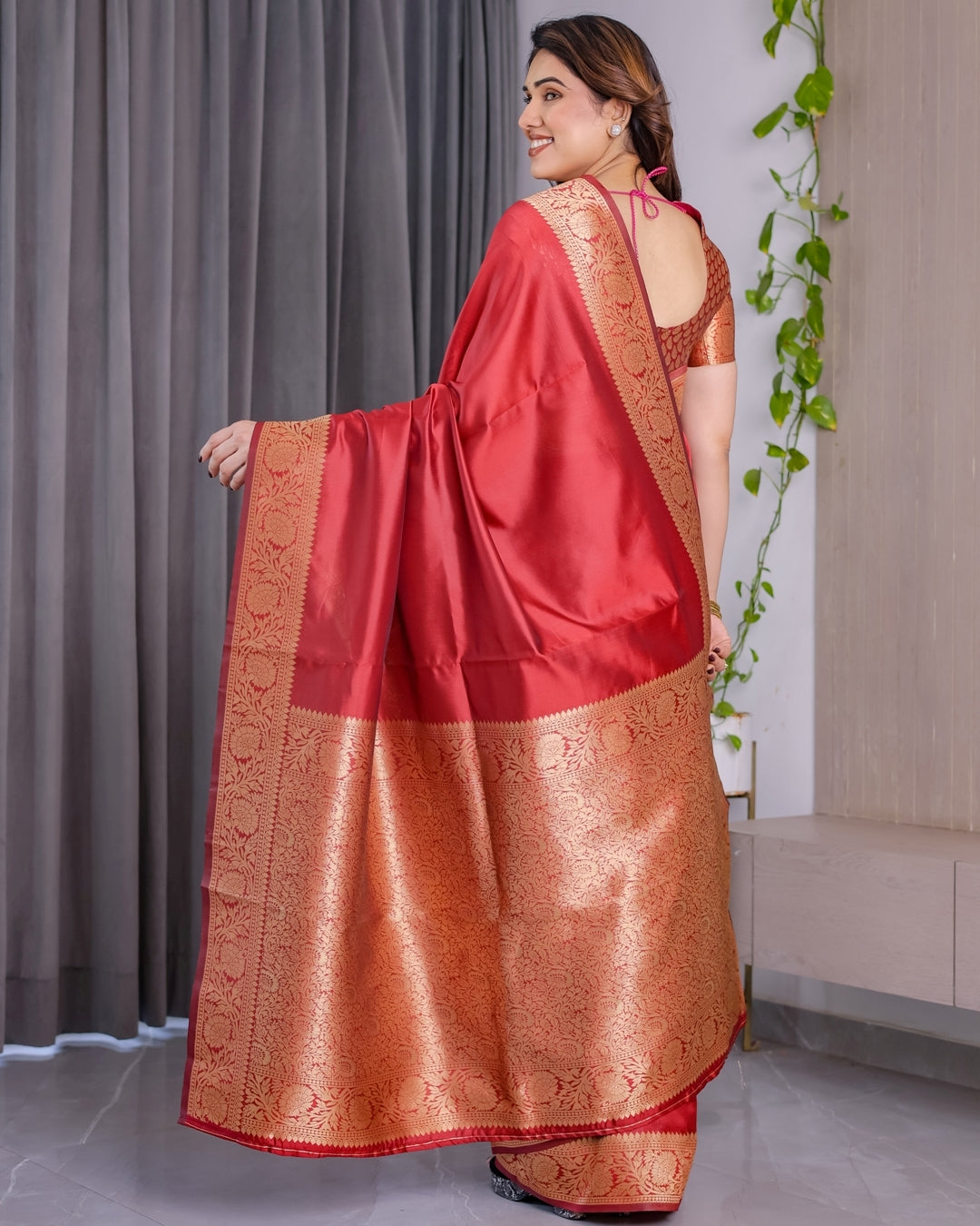 Red Banarasi Silk Saree With Rich Golden Zari Floral Border for Women