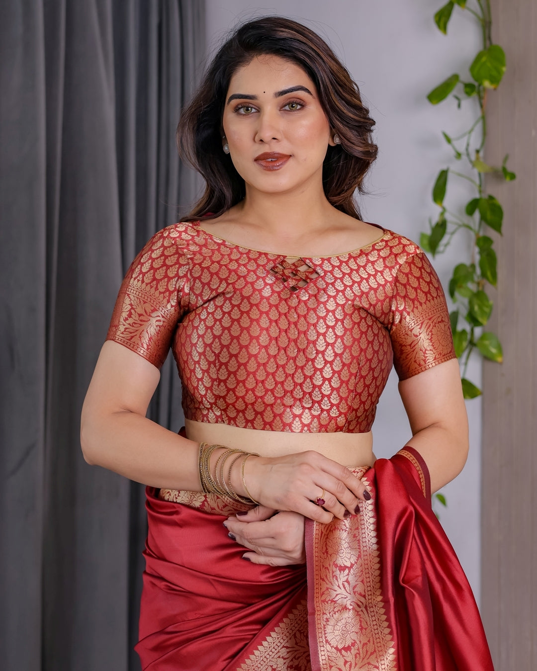 Red Banarasi Silk Saree With Rich Golden Zari Floral Border for Women