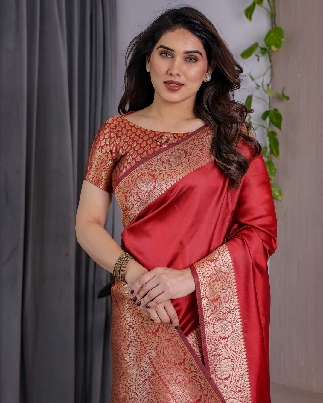 Red Banarasi Silk Saree With Rich Golden Zari Floral Border for Women