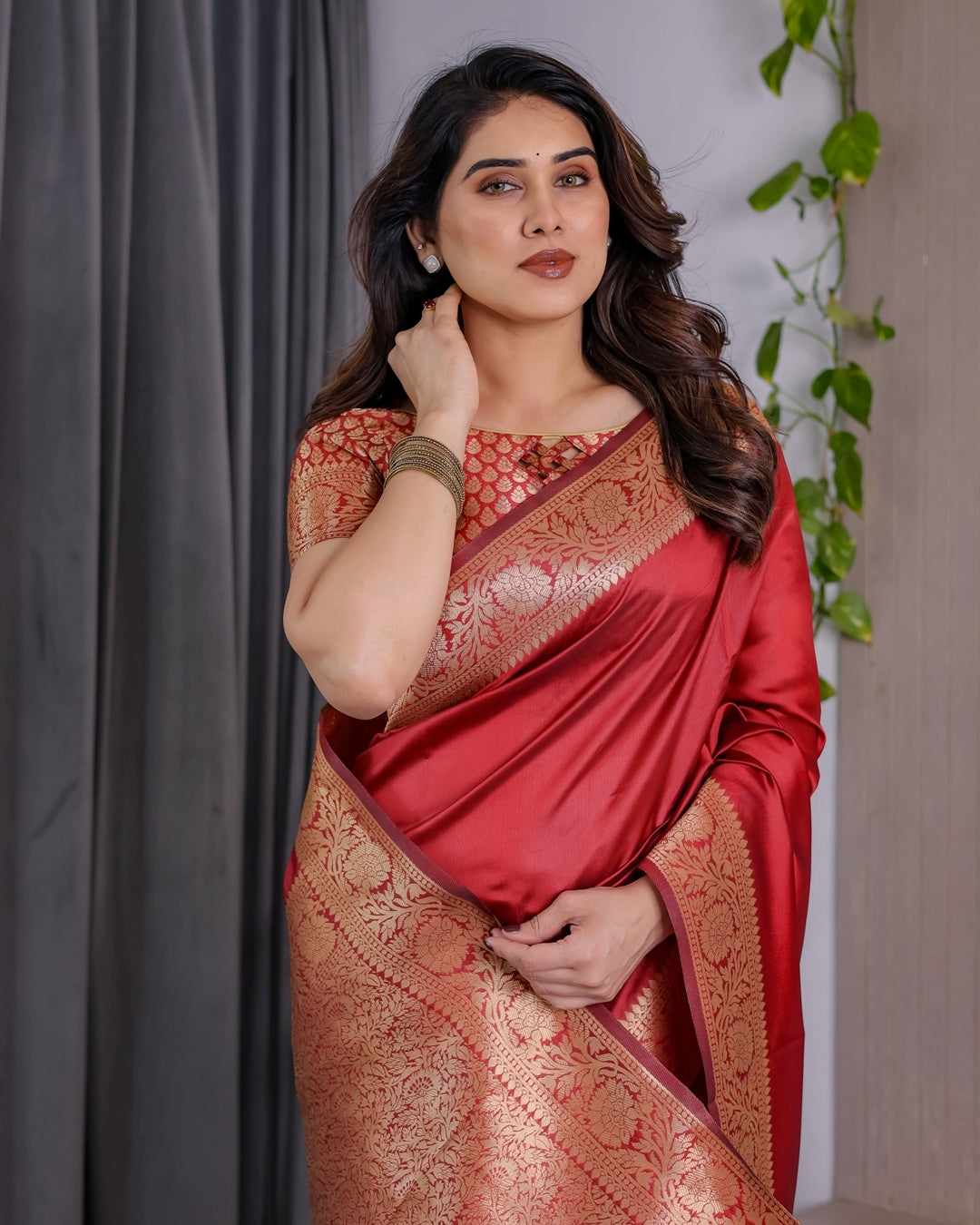 Red Banarasi Silk Saree With Rich Golden Zari Floral Border for Women