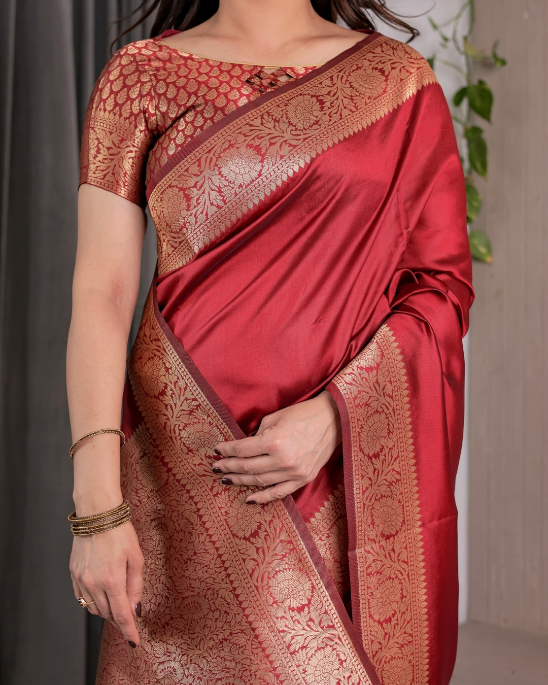 Red Banarasi Silk Saree With Rich Golden Zari Floral Border for Women