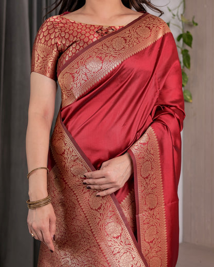 Red Banarasi Silk Saree With Rich Golden Zari Floral Border for Women