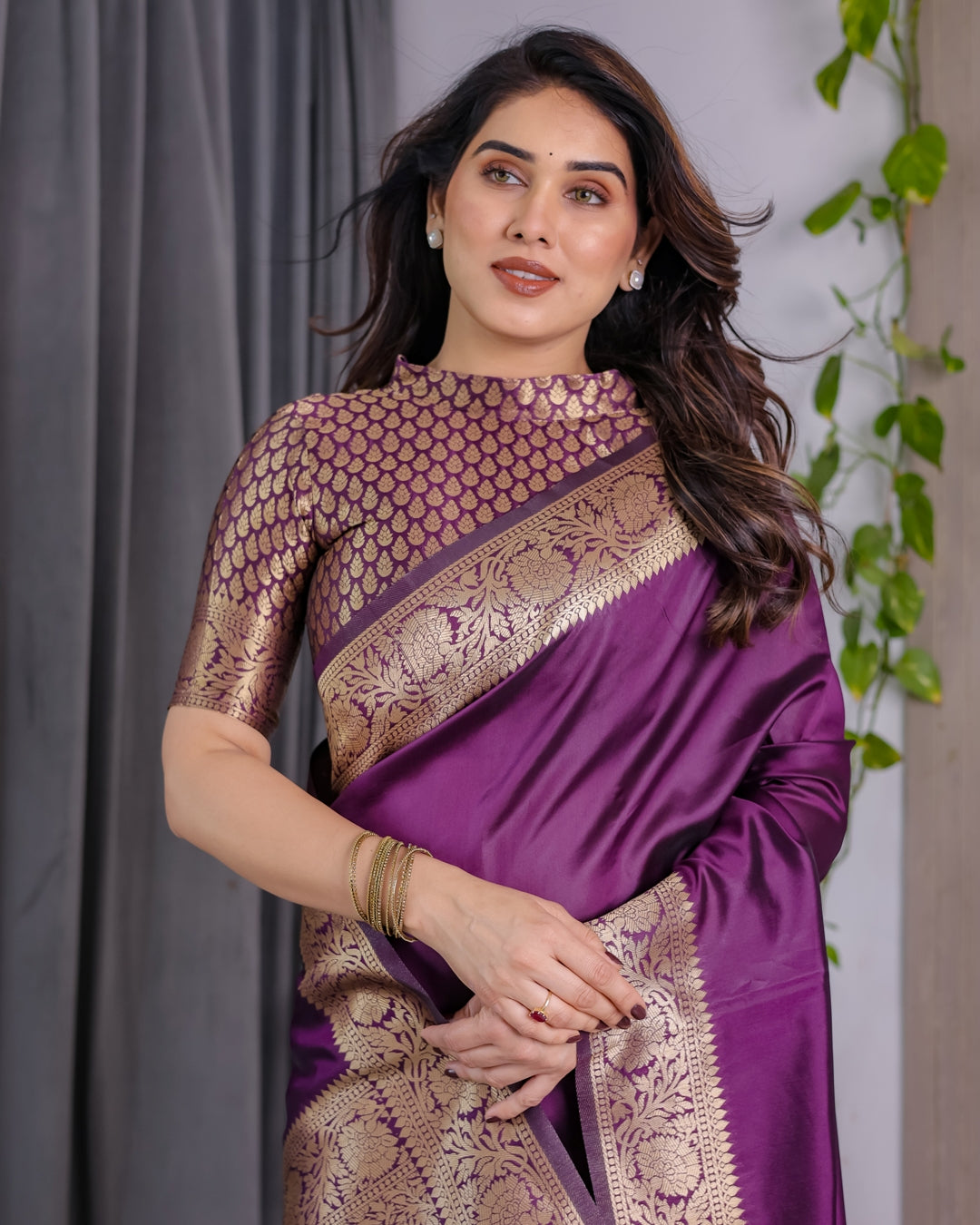 Royal Purple Banarasi Soft Silk Saree With Floral Zari Work for Women