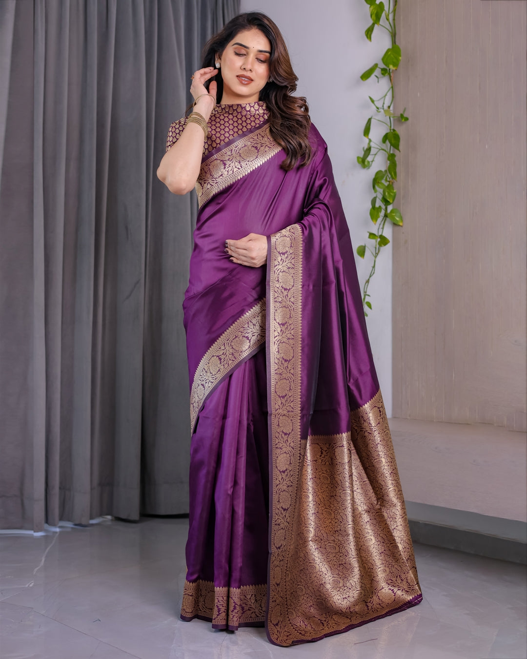 Royal Purple Banarasi Soft Silk Saree With Floral Zari Work for Women