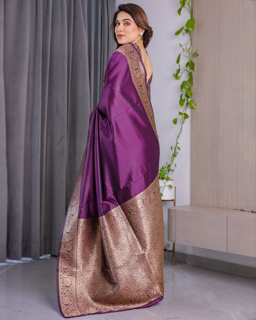 Royal Purple Banarasi Soft Silk Saree With Floral Zari Work for Women