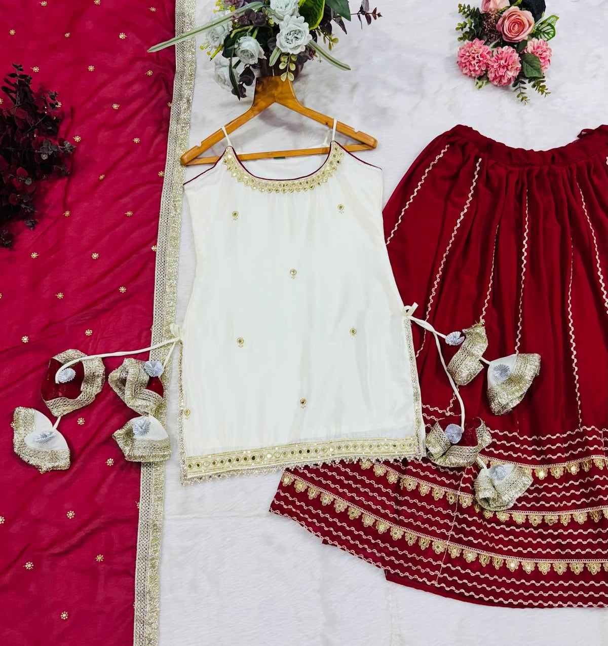 Off White Vichitra Silk Crop Top Lehenga Set with Zari Work for Women