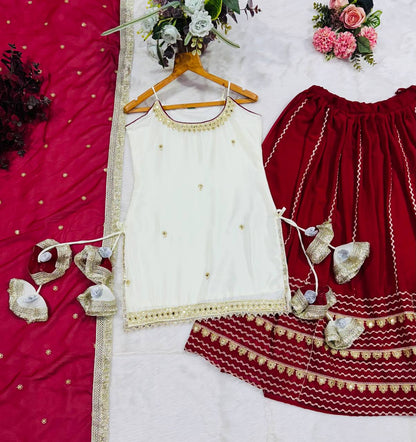 Off White Vichitra Silk Crop Top Lehenga Set with Zari Work for Women