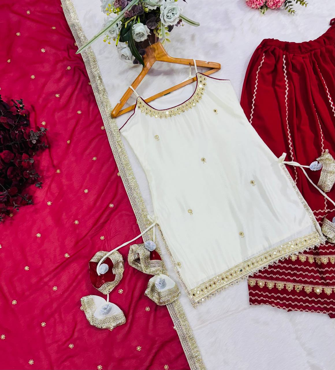 Off White Vichitra Silk Crop Top Lehenga Set with Zari Work for Women