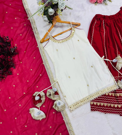 Off White Vichitra Silk Crop Top Lehenga Set with Zari Work for Women