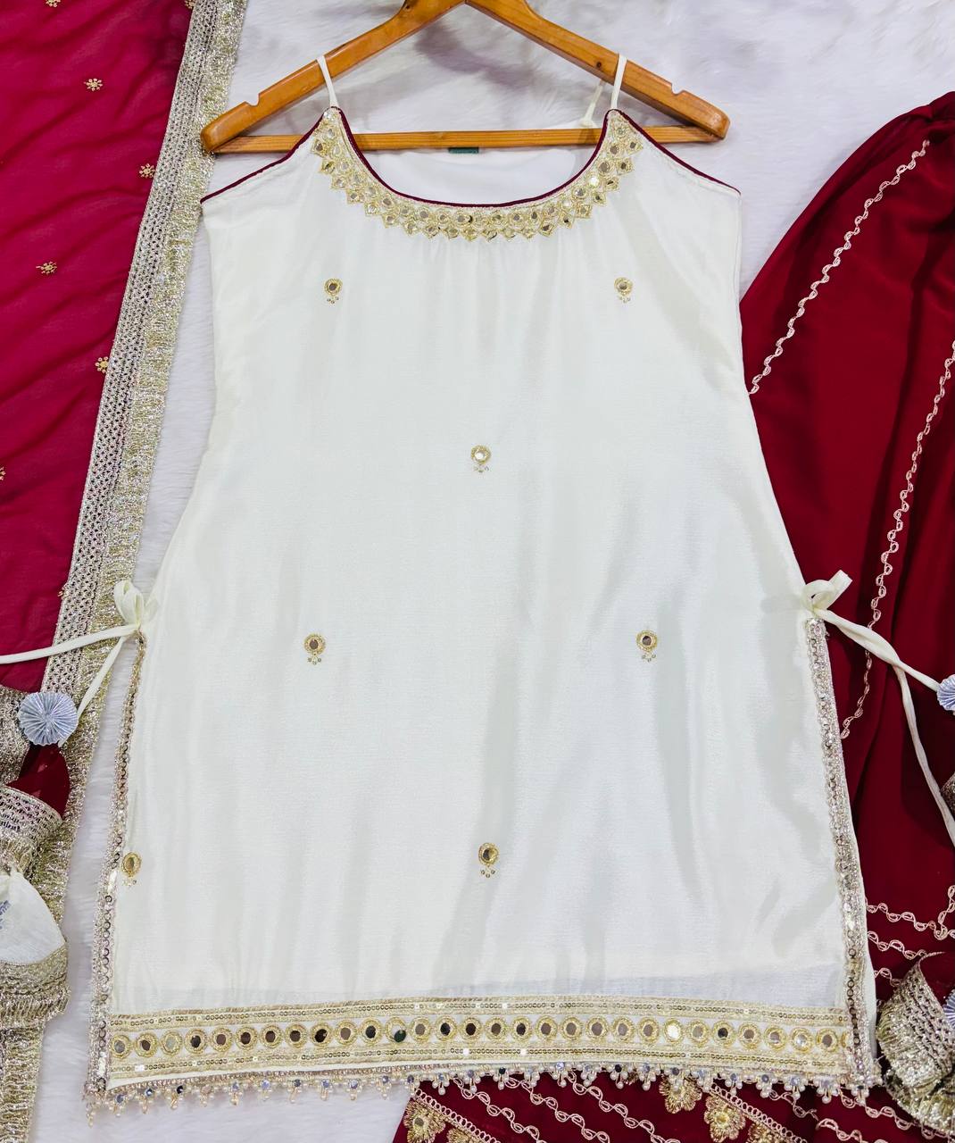 Off White Vichitra Silk Crop Top Lehenga Set with Zari Work for Women