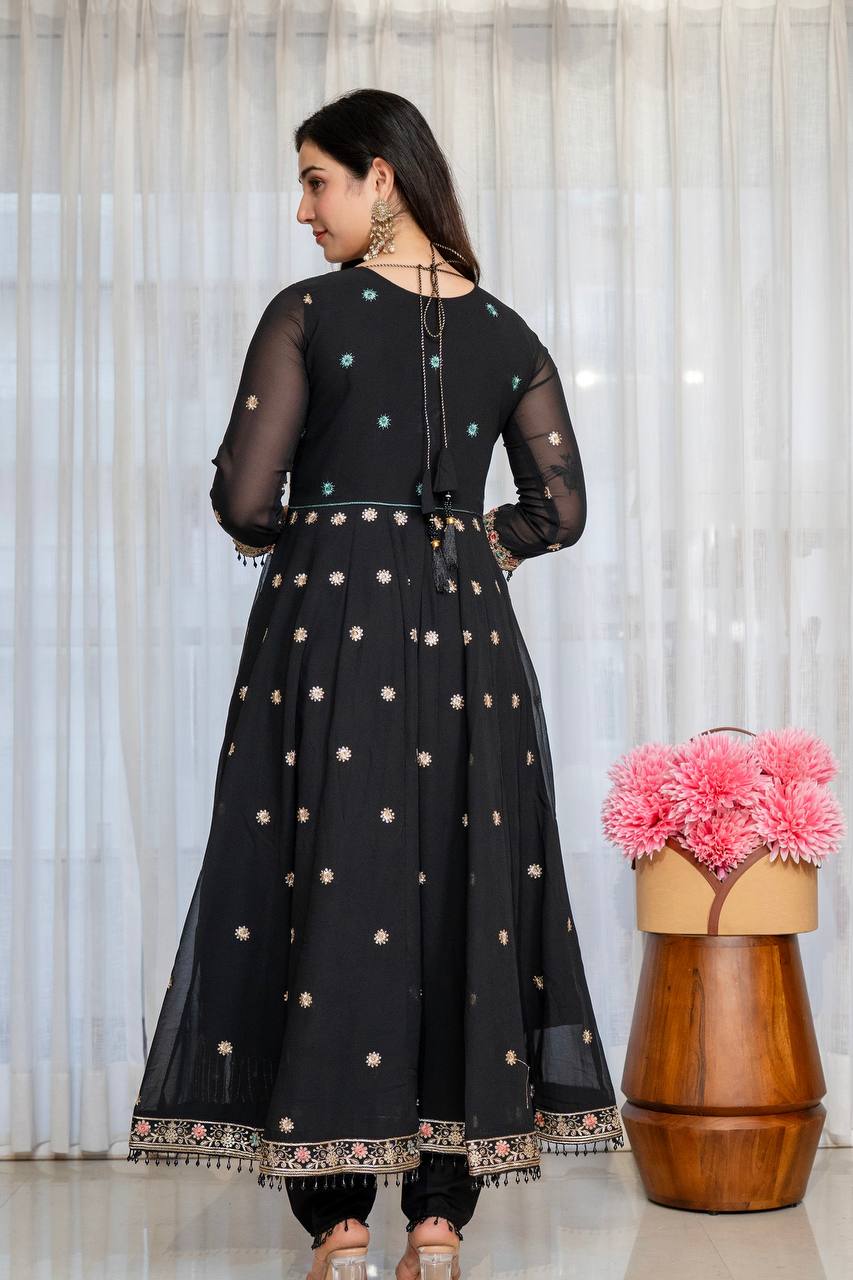 Black Anarkali Suit Set with Sequin Zari and Moti Lace Work for Women