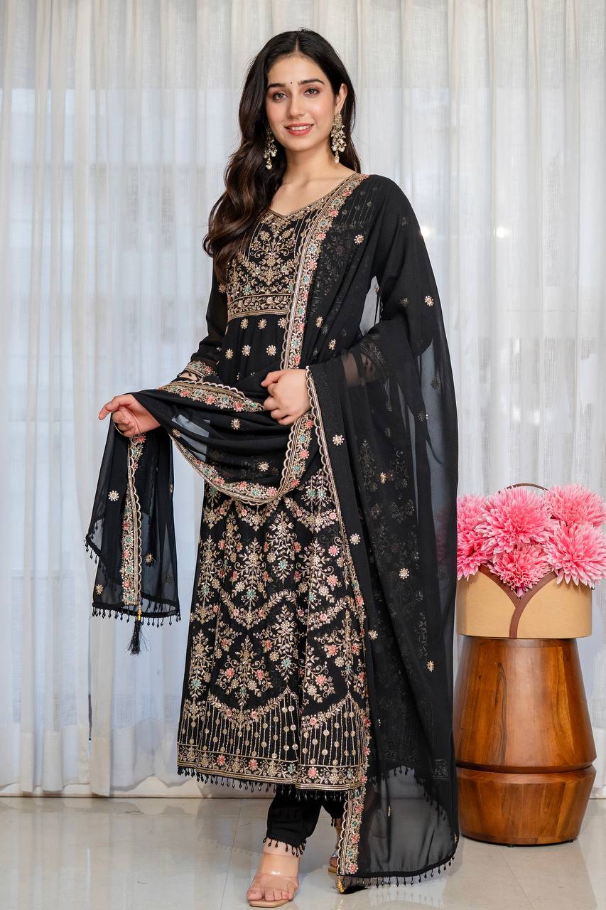 Black Anarkali Suit Set with Sequin Zari and Moti Lace Work for Women