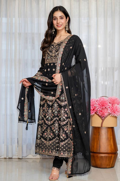 Black Anarkali Suit Set with Sequin Zari and Moti Lace Work for Women