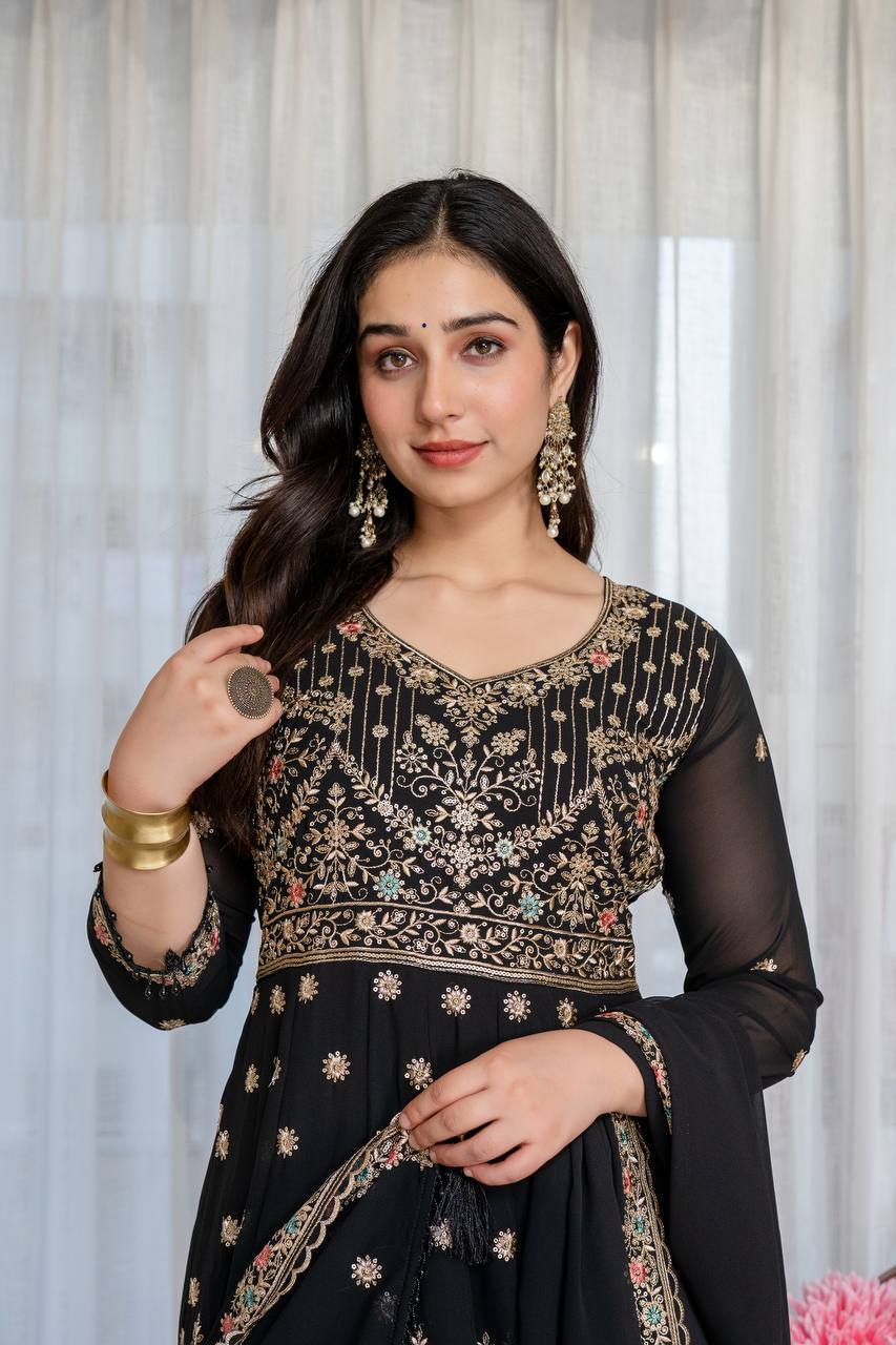 Black Anarkali Suit Set with Sequin Zari and Moti Lace Work for Women