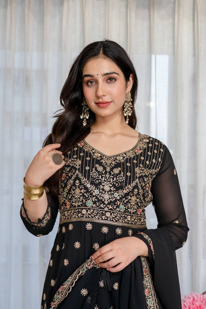 Black Anarkali Suit Set with Sequin Zari and Moti Lace Work for Women