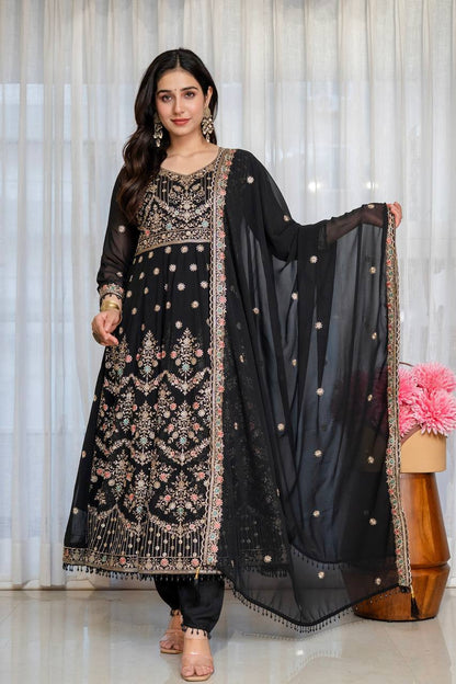 Black Anarkali Suit with Zari, Sequins &amp; Moti Lace Work for Women