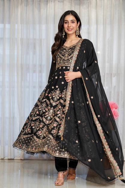 Black Anarkali Suit with Zari, Sequins &amp; Moti Lace Work for Women