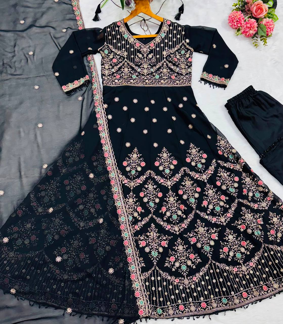 Black Anarkali Suit with Zari, Sequins &amp; Moti Lace Work for Women