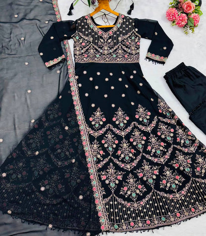Black Anarkali Suit with Zari, Sequins &amp; Moti Lace Work for Women