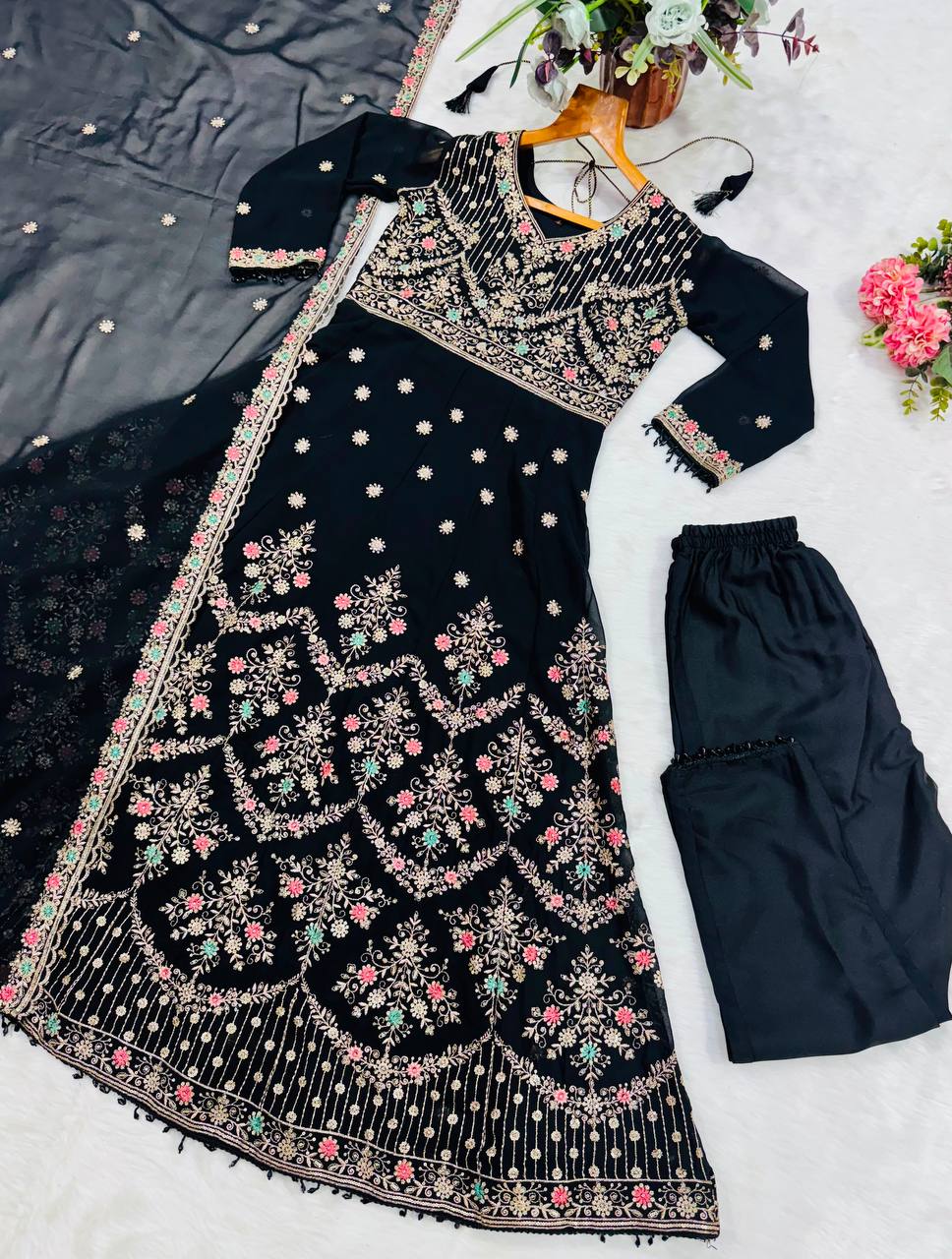Black Anarkali Suit with Zari, Sequins &amp; Moti Lace Work for Women