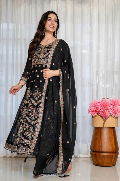 Black Anarkali Suit with Zari, Sequins &amp; Moti Lace Work for Women